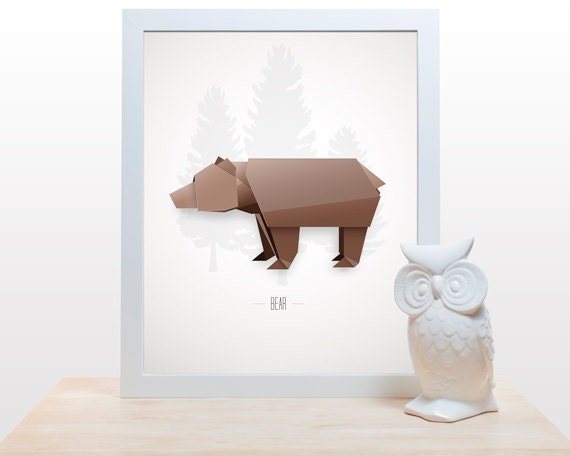 Origami Bear Print - 11x14 modern decor wall poster art paper folding japanese woodland forest creature wild things brown - noodlehug