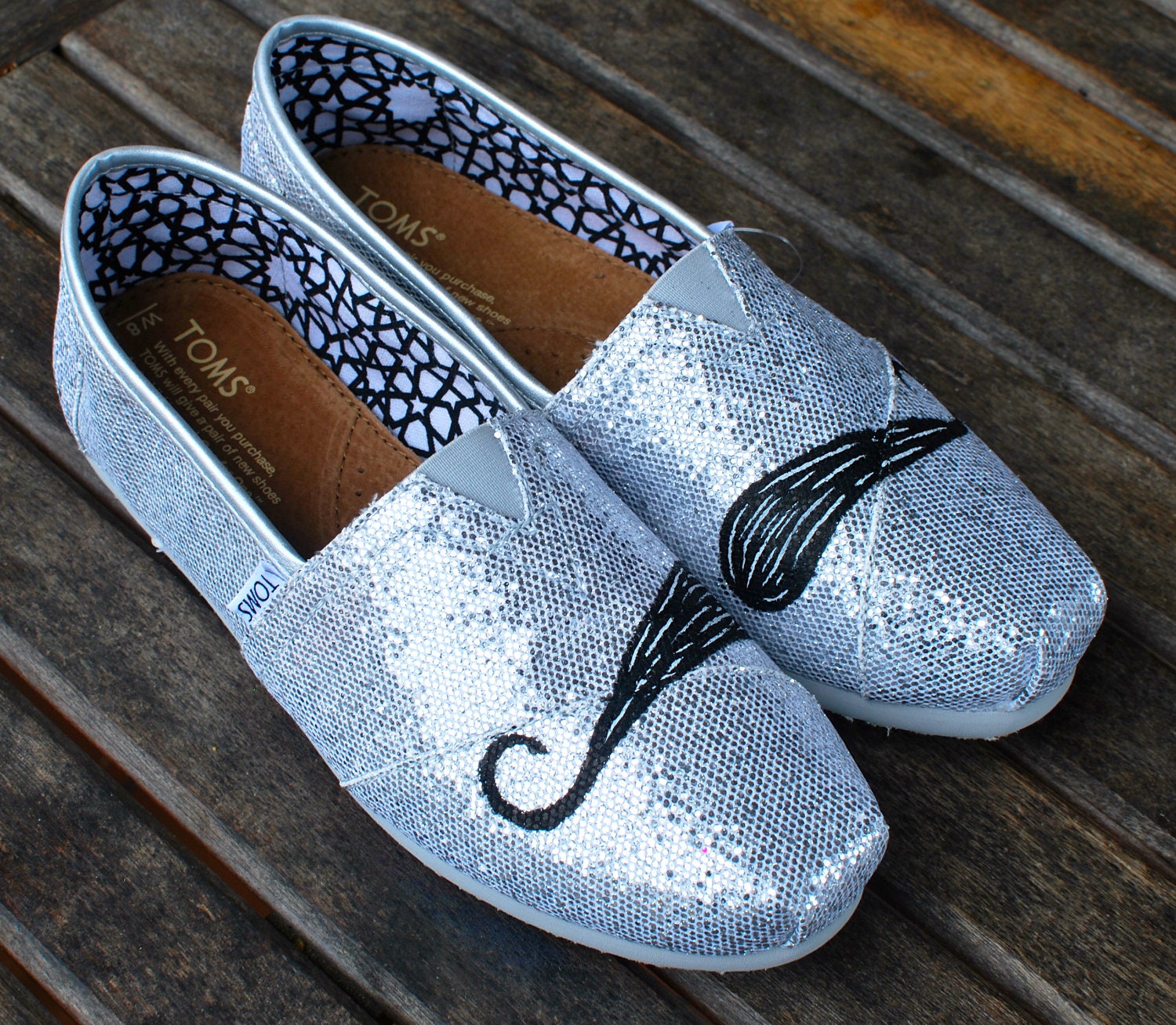 Silver Glitter Black Mustache TOMS shoes