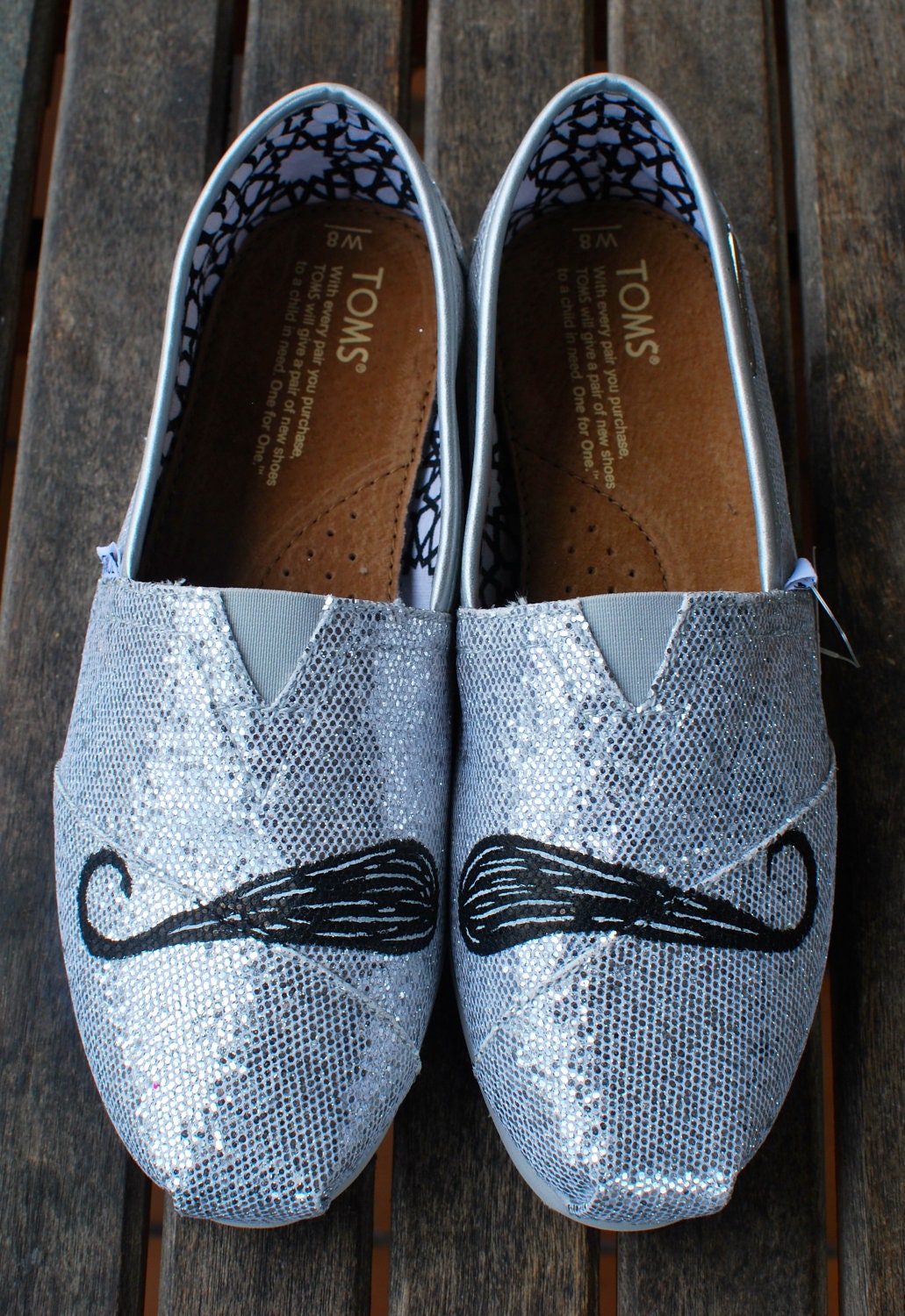 Silver Glitter Black Mustache TOMS shoes