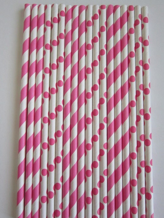 50 Bubble Gum Pink Striped & Polka Dot Paper Drinking Straws Il_570xn
