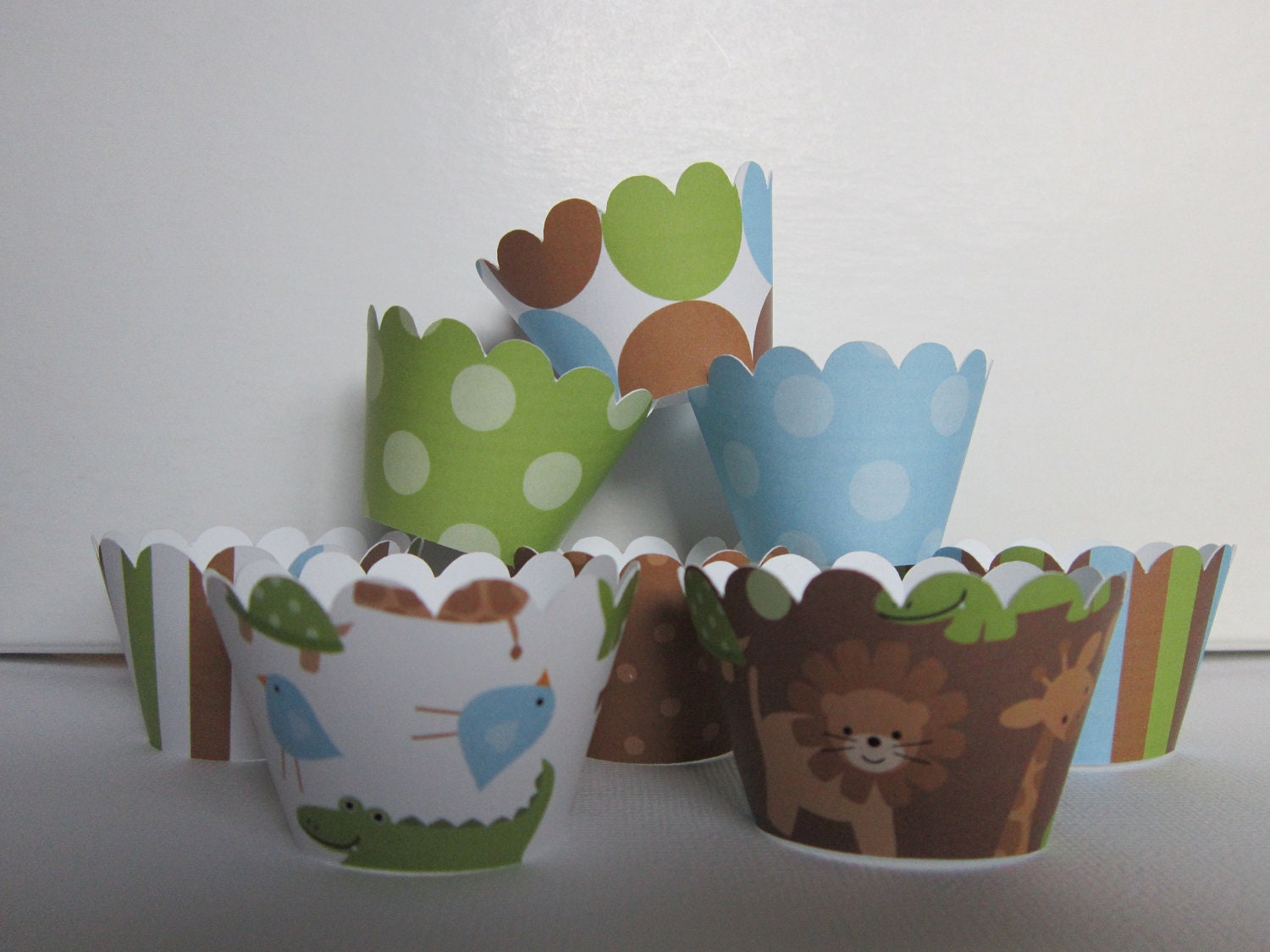 Jungle Brown Green & Light Blue Mini Cupcake Wrappers Set of 24 Il_570xn