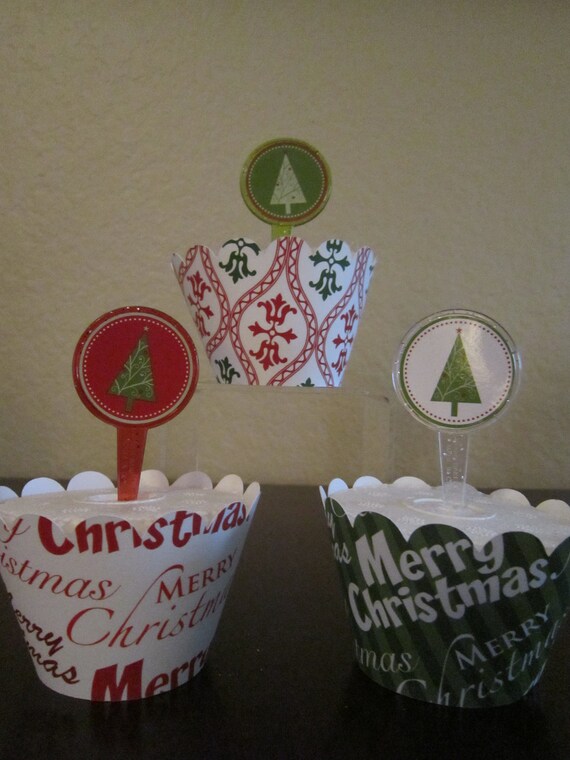 12 Red Green & White Christmas Tree Cupcake Toppers Il_570xn