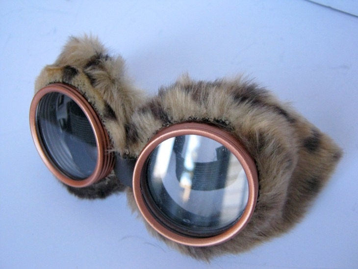 Faux leopard fur eye trimming. Steampunk Goggles Air Pirate Eyewear - copper painted lens caps with light brown faux leather