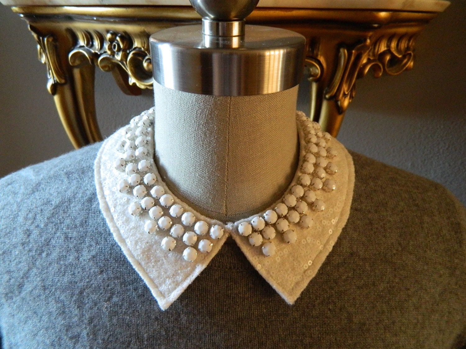 Stone Encrusted Peter Pan Collar Necklace with Adjustable Satin Bow Back