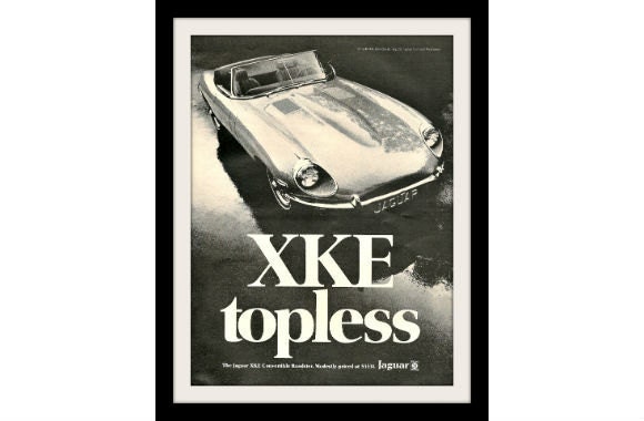 JAGUAR 1969 XKE Roadster Car Photo Ad "Topless", Vintage Classic Print, Advertising Wall Art Decor