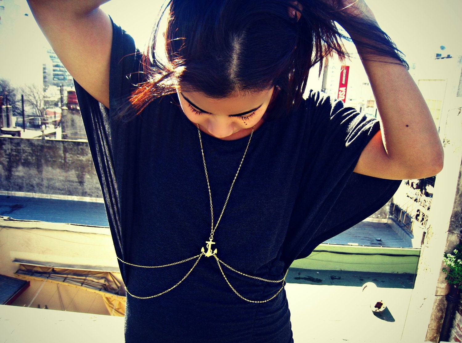 anchor body chain, anchor necklace, body harness, body jewelry, chain vest, statement necklace