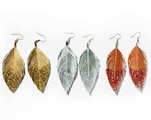 Dangle Earrings Metallic Glitter Dipped - Faux Leather Feather Earrings Accessories - Surgical Steel Available - FREE US SHIP