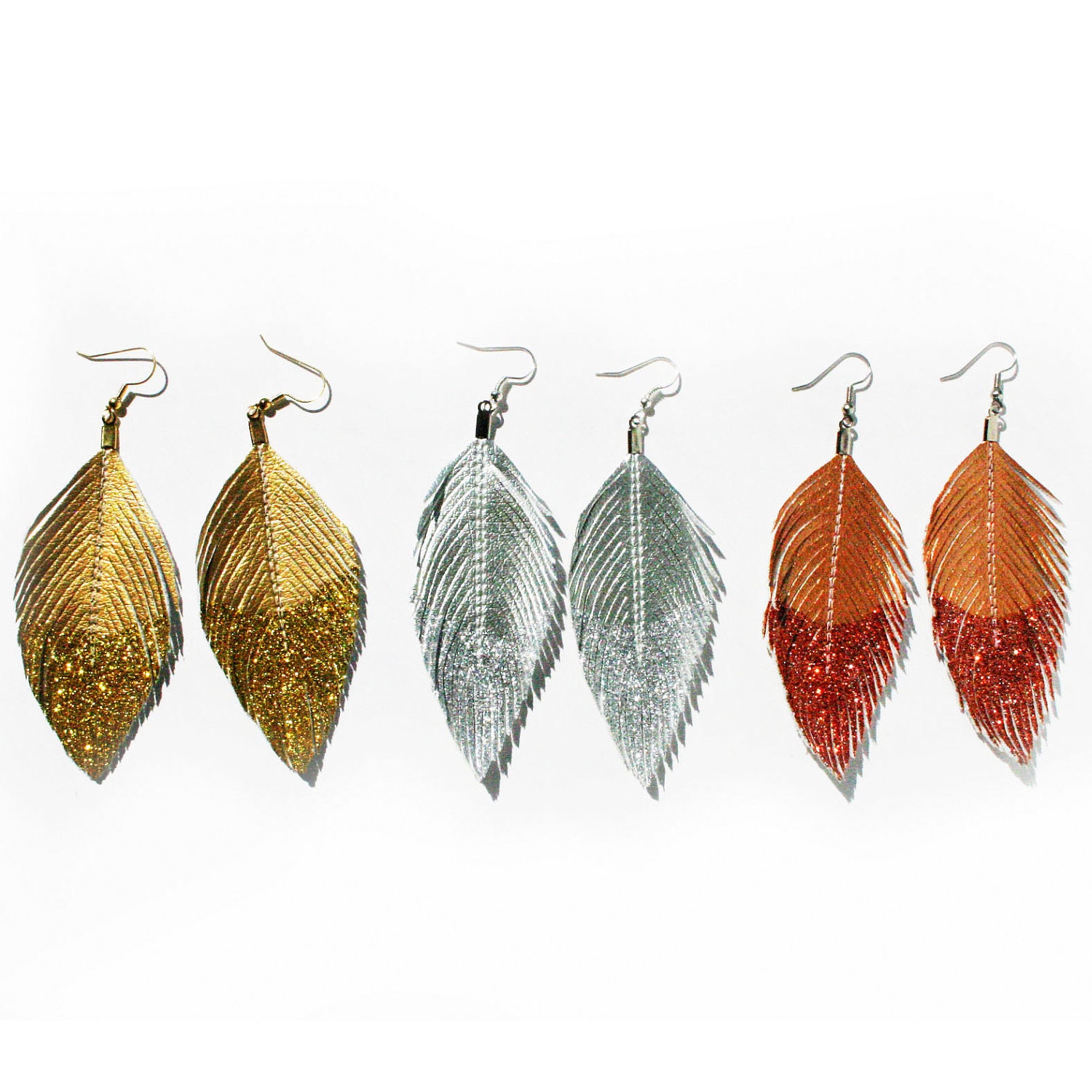 Dangle Earrings Metallic Glitter Dipped - Faux Leather Feather Earrings Accessories - Surgical Steel Available - FREE US SHIP