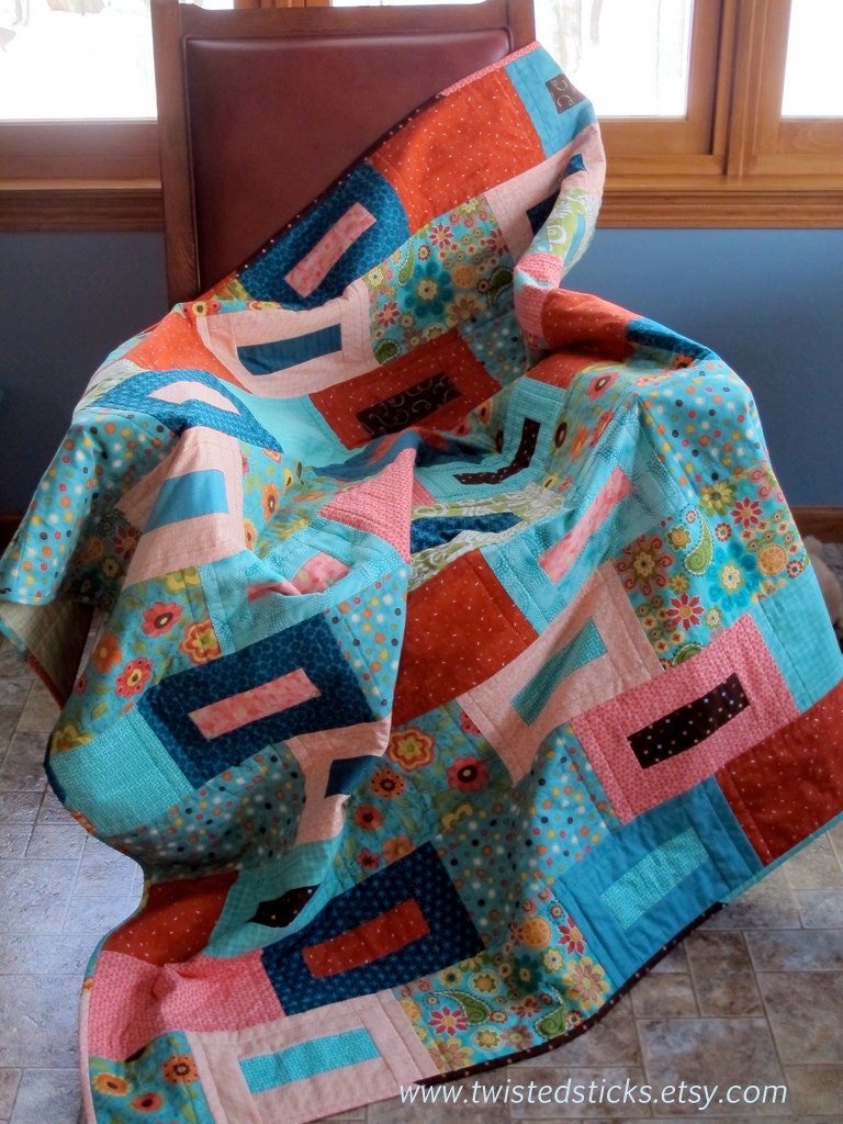 Modern Lap Quilt, Geometric Patchwork Lap Quilt, teal, coral