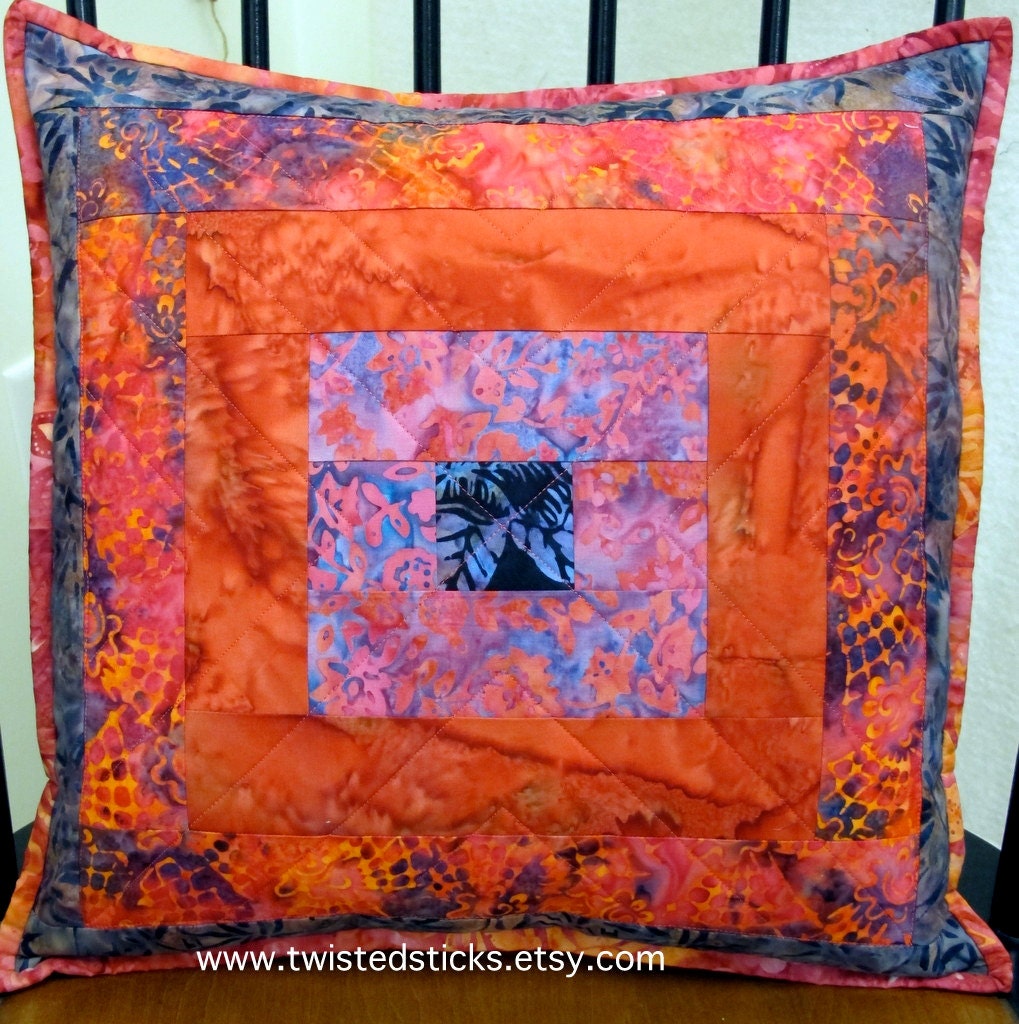 Quilted Batik Pillow, Batik Throw Pillow, "Tequila Sunrise"