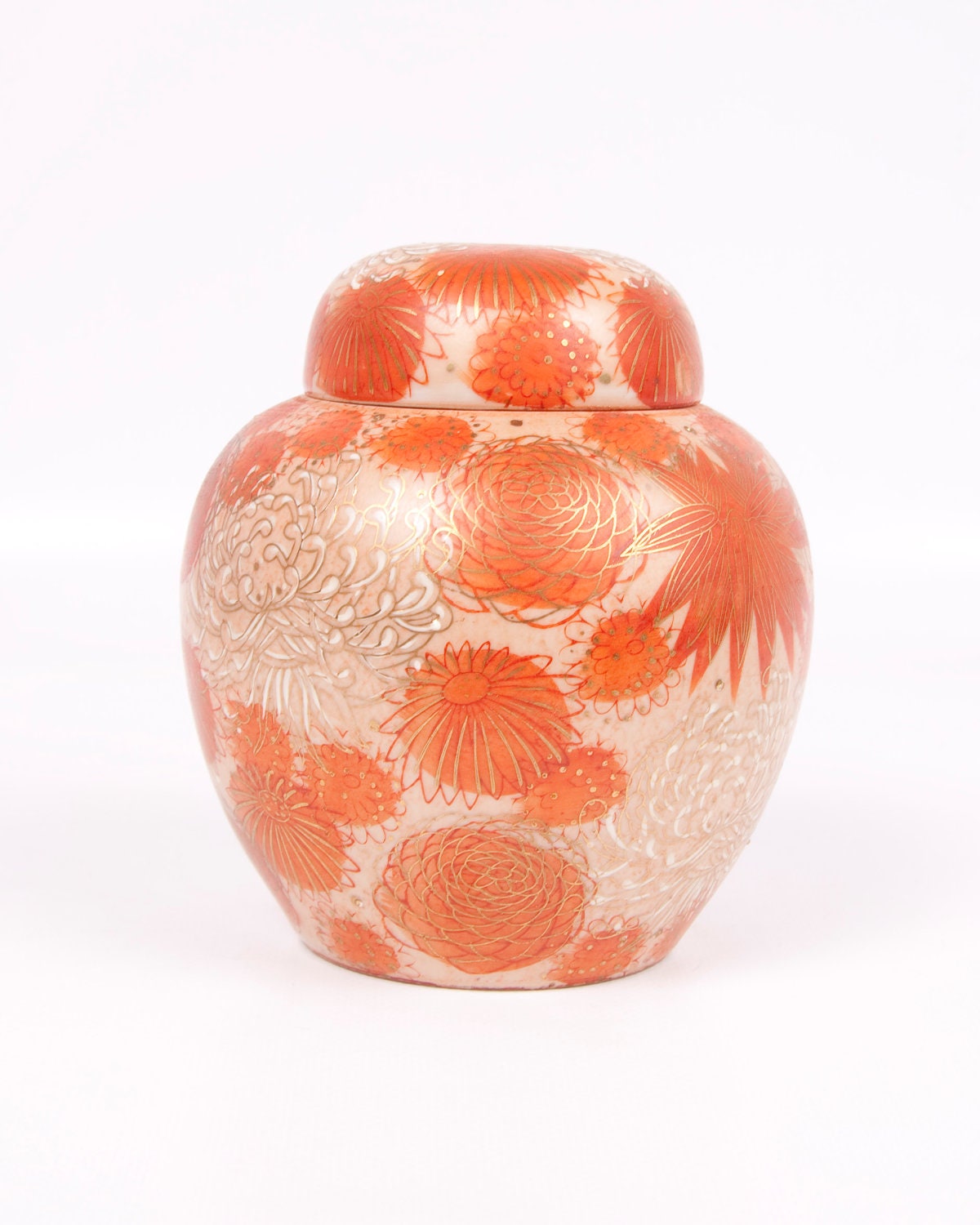 Vintage Japan Ginger Jar Fujita Kutani Orange Floral Gold Embellished Urn Temple Jar