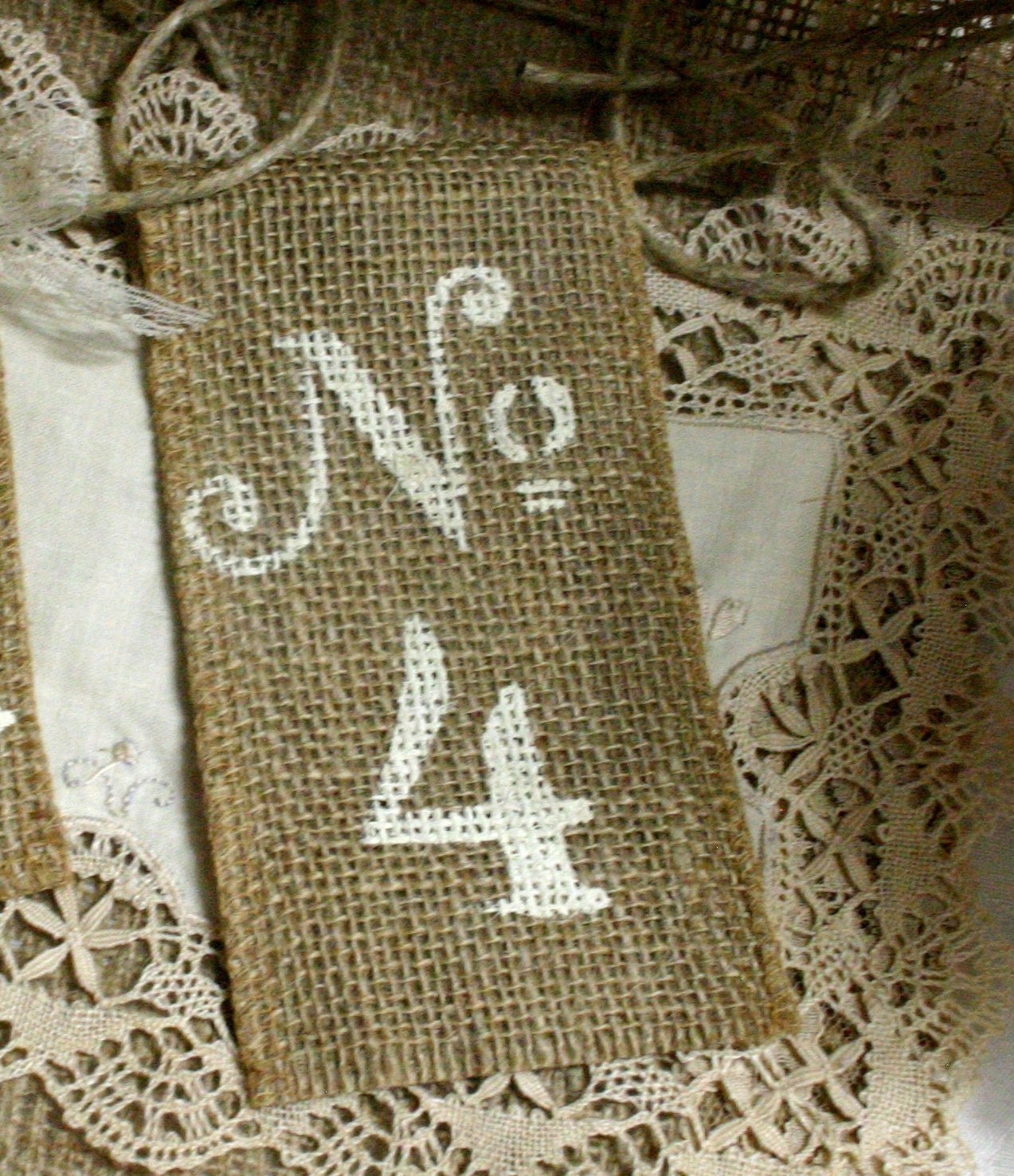 Burlap table number tags, for shabby chic, rustic chic, cottage chic, country chic French Victorian