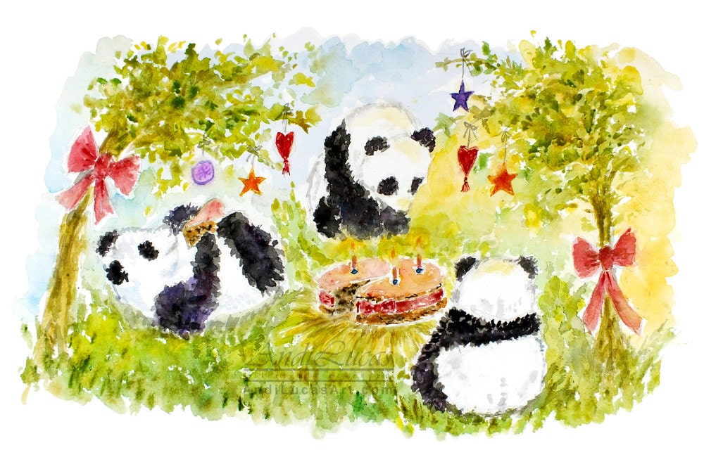 Nursery Art Print Panda Bear Watercolor Birthday Party Home Decor 18x12 AndiLucasArt