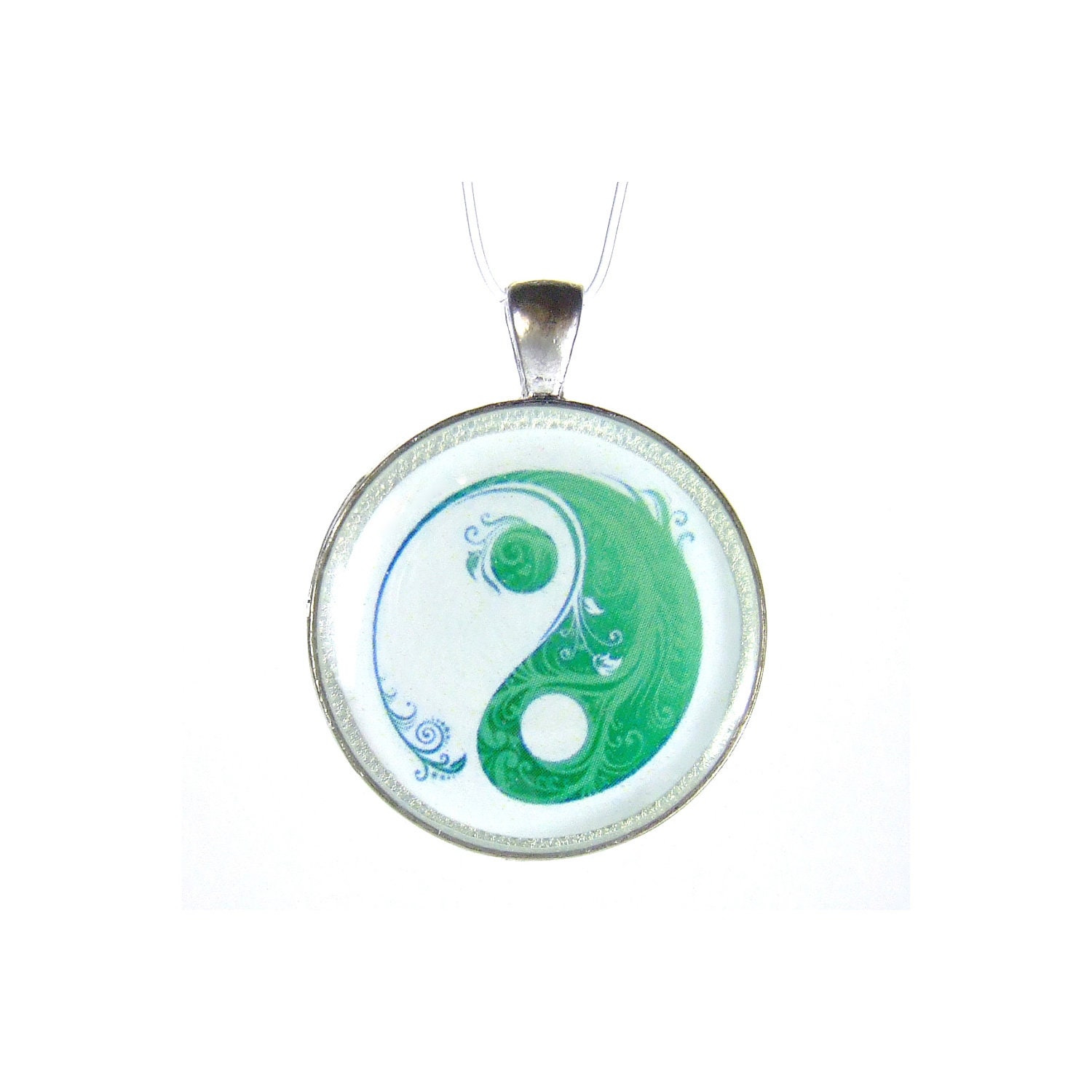 Yin Yang Green Pendant Zen Silver Plated Pendant