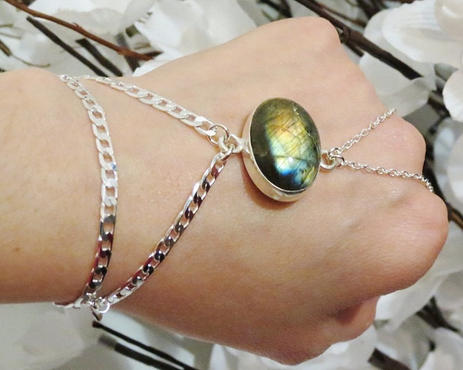Sterling Silver Labradorite Slave Bracelet Ring. 100% Sterling Silver. Stamped 925. Genuine Labradorite Gemstone. Hand Harness, Hand Chain