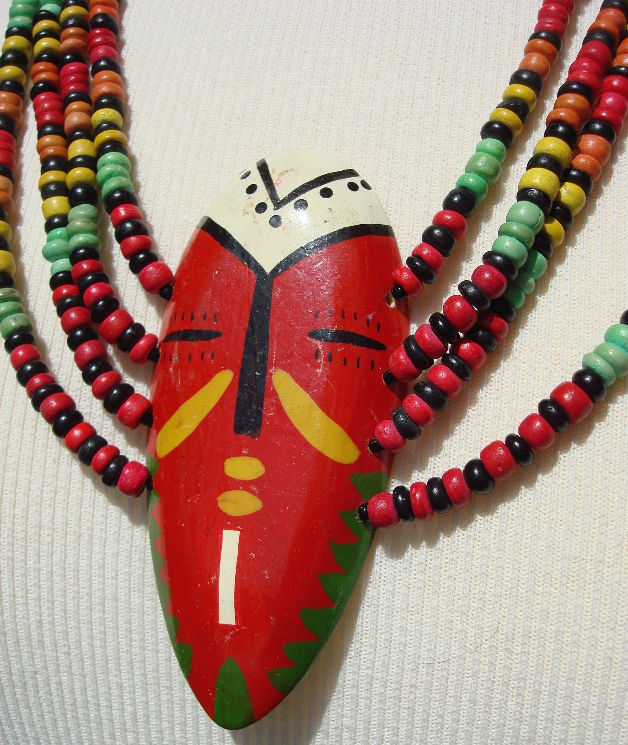 Handmade women necklace with African mask and wood beads