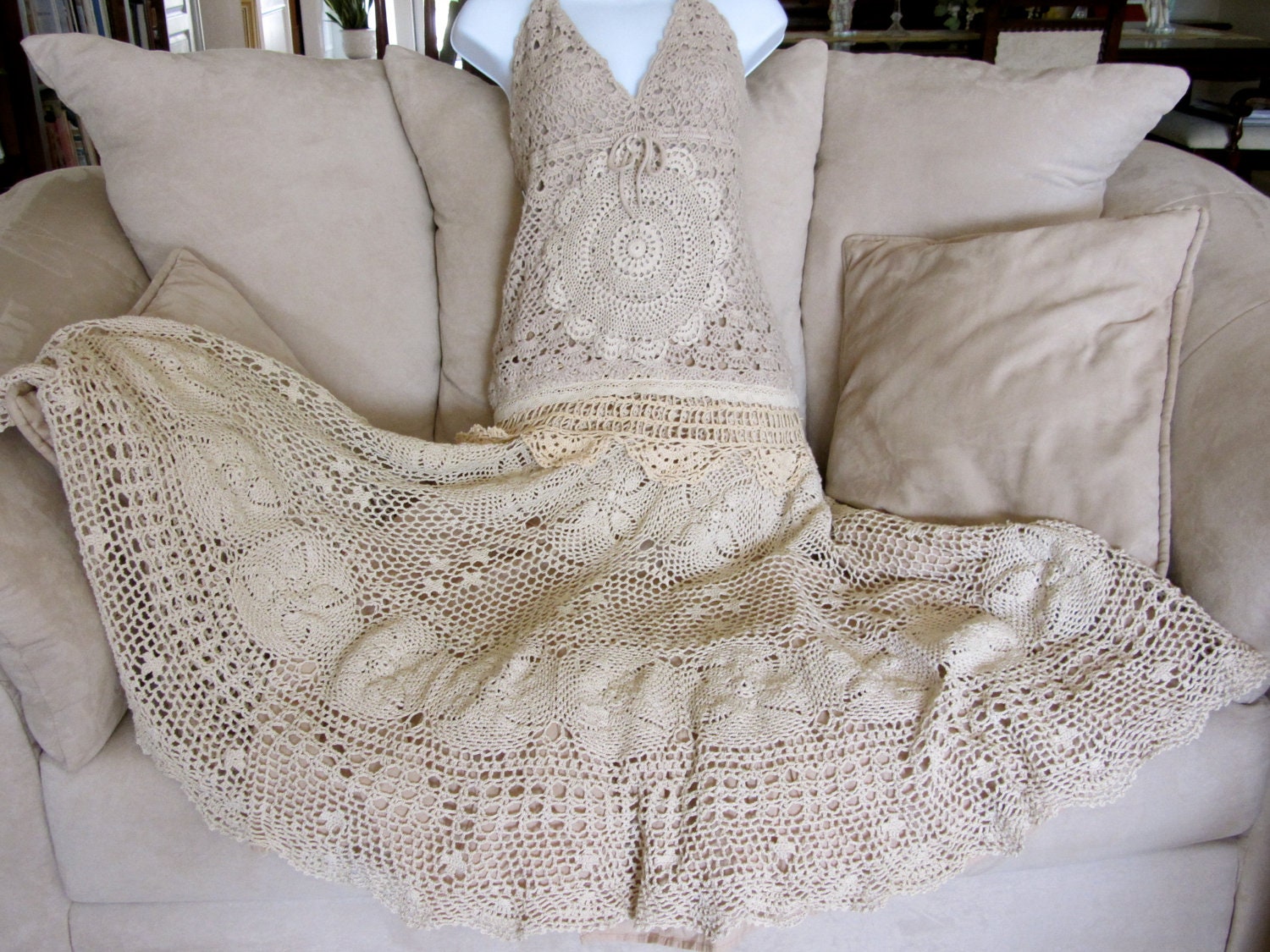 Vintage Style Crocheted Halter Dress Tea Stain Shabby Chic Dress Sweet Victorian Romantic Irish Lace Inspired