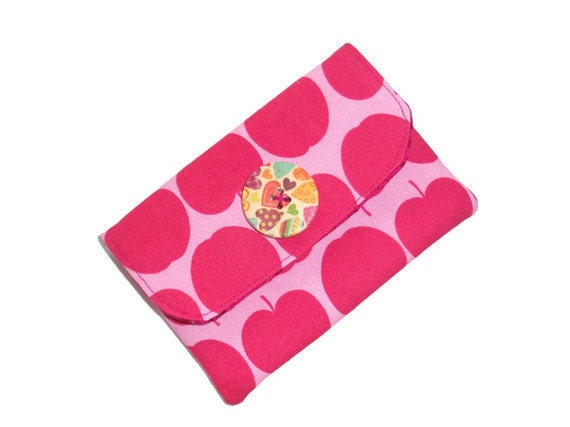 Pink Kokka Apples Fabric  Wallet /Purse - 2 pockets - Velcro closure- Free UK postage