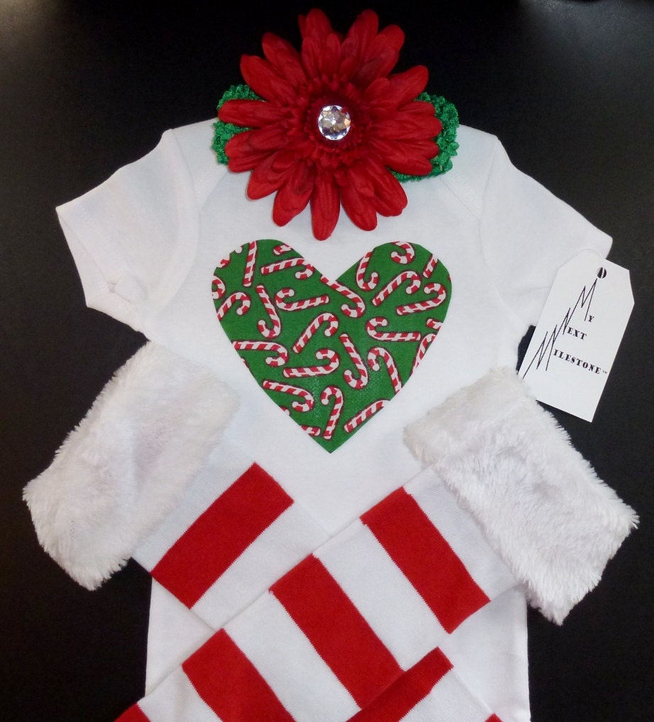 Christmas Candy Cane Boys Necktie and Girl Heart Shaped onesie with matching leg warmers flower clip headband TWINS Boy Girl Siblings