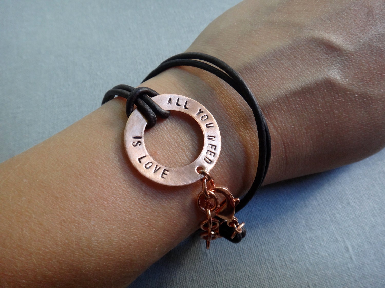Beatles 'all you need is love' quote leather wrap bracelet with copper and dark brown cord