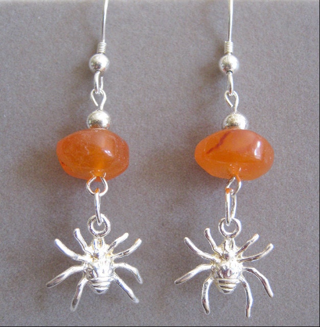 Carnelian and Spiders Genuine Gemstone and Sterling Silver Charm Earrings