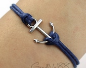 ON SALE-anchor charm bracelet,antique silver anchor bracelet, navy blue wax cords bracelet, sailing bracelet