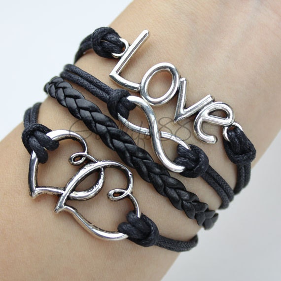 Love bracelet, infinity bracelet, heart to heart bracelet, leather rope bracelet bangle weave with extension chain,best gift for friends
