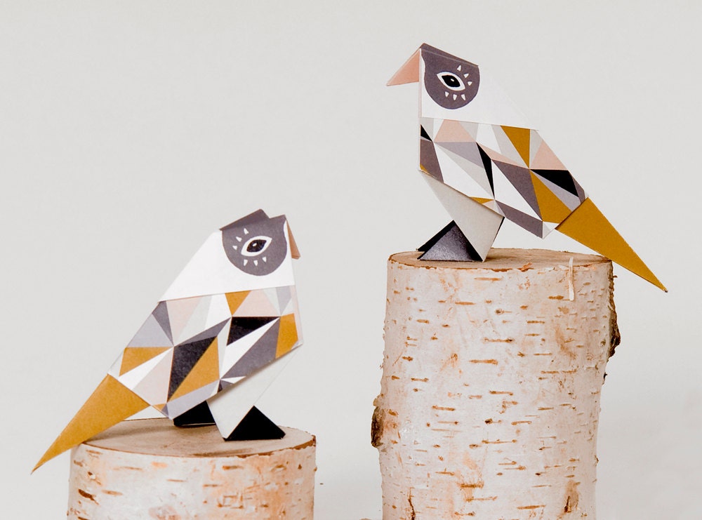 Pack of three origami Birds with pattern print, packed, Mustrard, Grey, Apricot