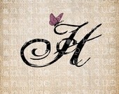 Antique Letter H Script Monogram with Butterfly Digital Download for Dictionary Pages, Papercrafts, Transfer, Pillows, etc.Burlap No 7451