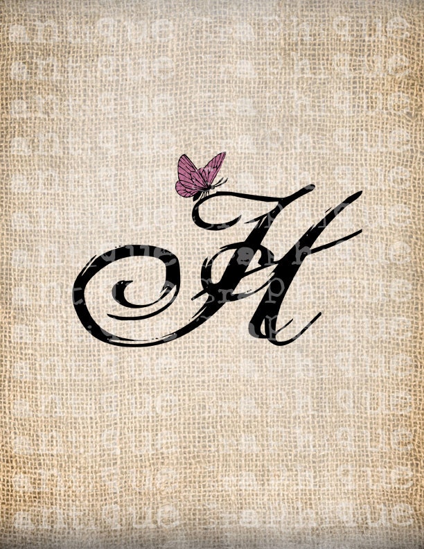 Antique Letter H Script Monogram with Butterfly Digital Download for Dictionary Pages, Papercrafts, Transfer, Pillows, etc.Burlap No 7451