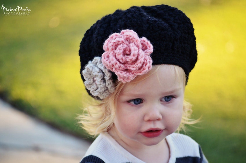 Girls Crochet Beret Hat with Flowers - Fall Hat - Black Pink and Linen Gray