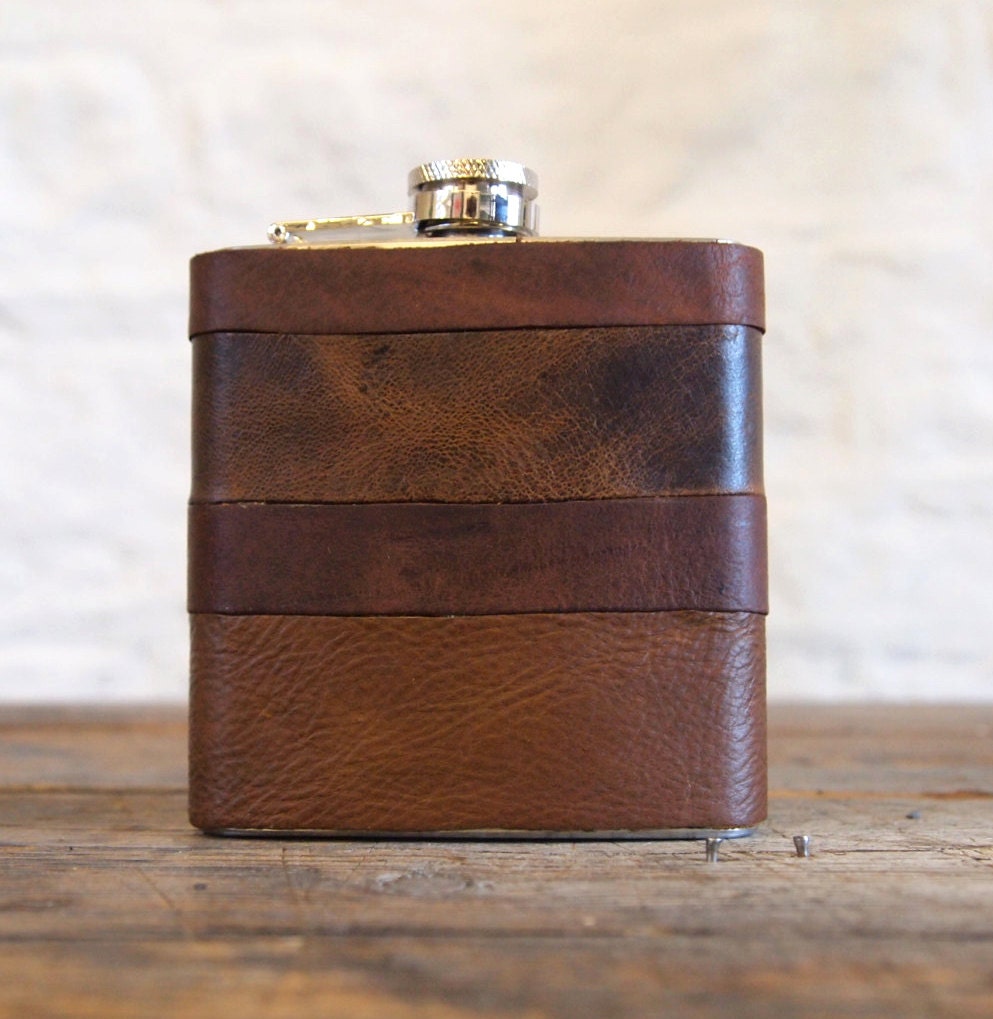 Initialled Leather Hip flasks - Recycled Leather Strips, Hand Engraved, Best Man, cowboy leather