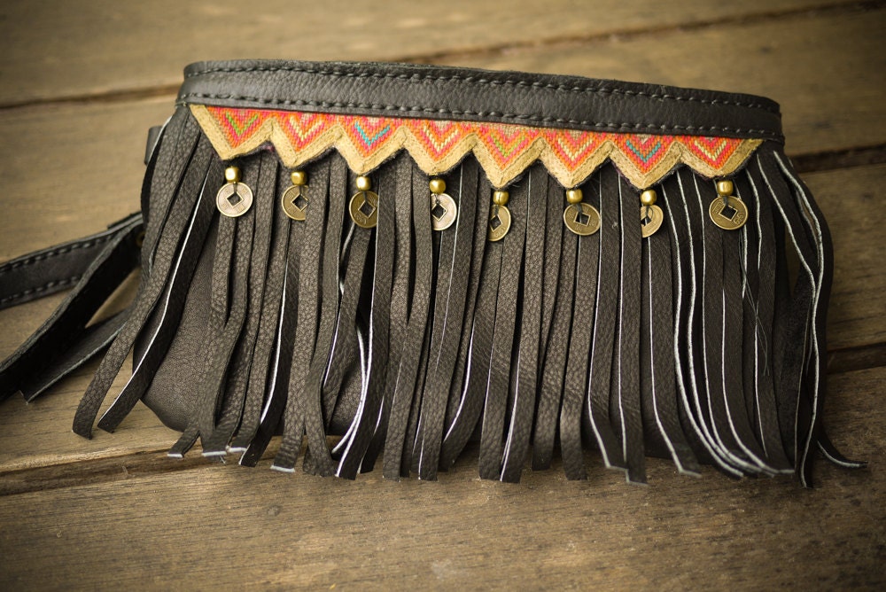 Black Leather Fringe Clutch with Vintage Hmong Textile