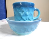 Anchor Hocking Fire King Milk Glass Milkglass Kimberly Aqua Turquoise Blue Matching Mug & Bowl FREE SHIPPING
