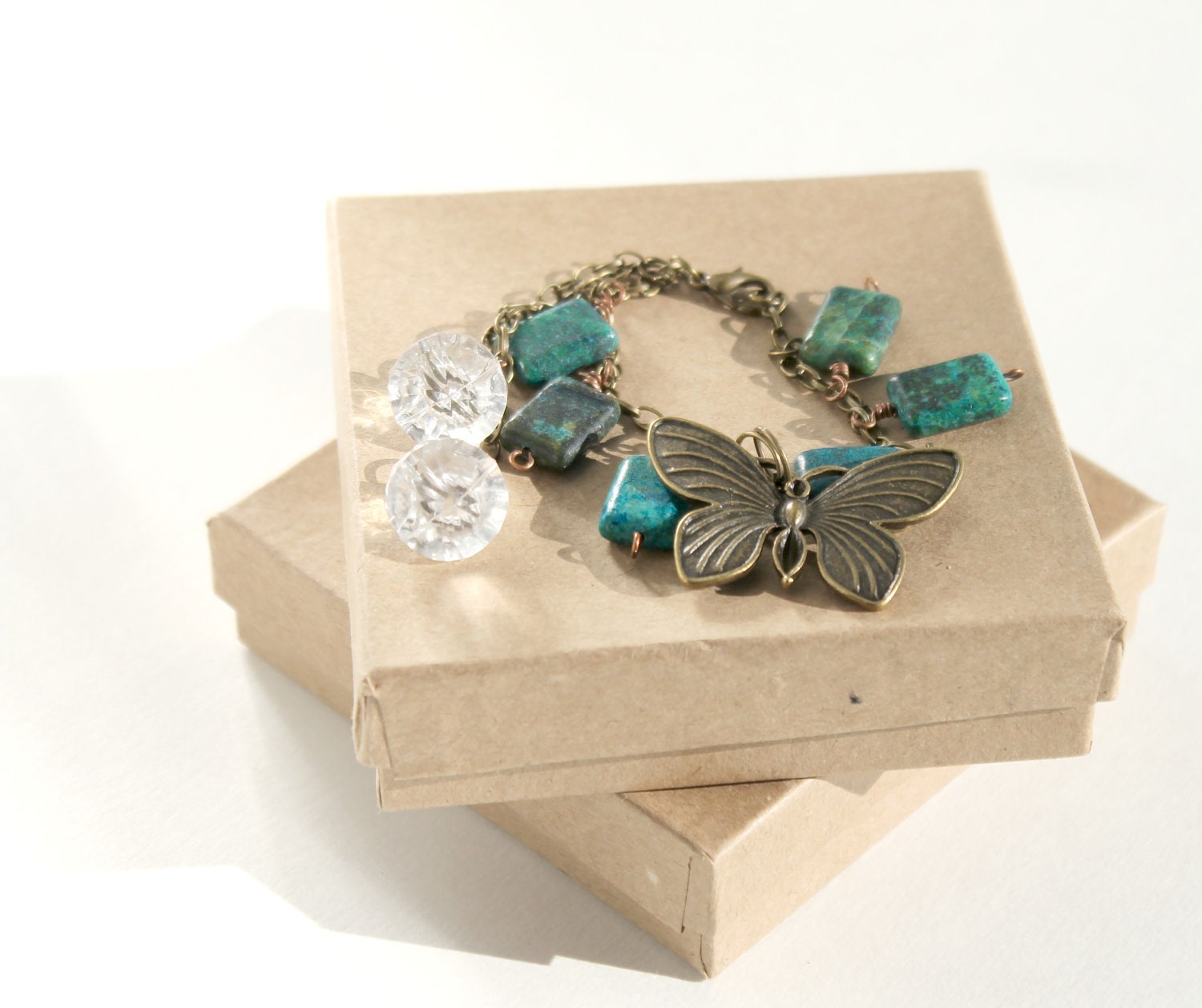 Butterfly Bracelet, Australian Jasper Bracelet with Bronze Butterfly and Crystal Dangle