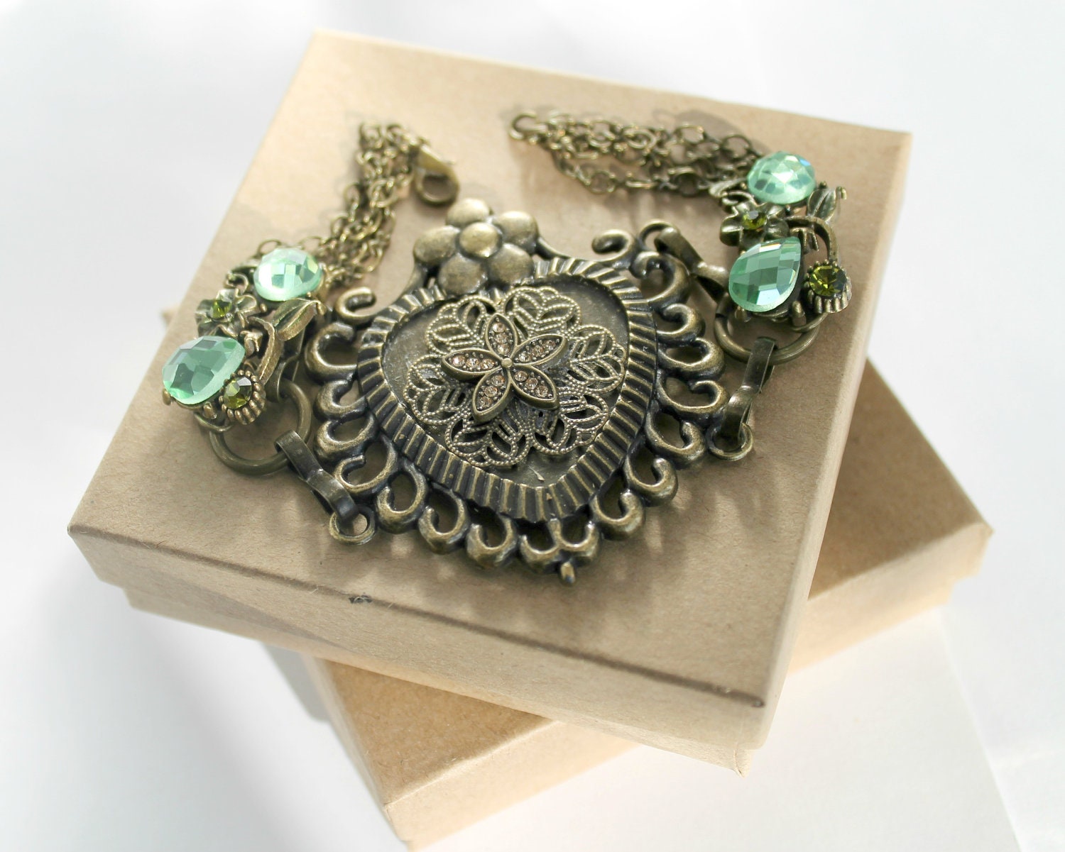 Antique Brass Heart Bracelet with Olivine Green Accents One of a Kind