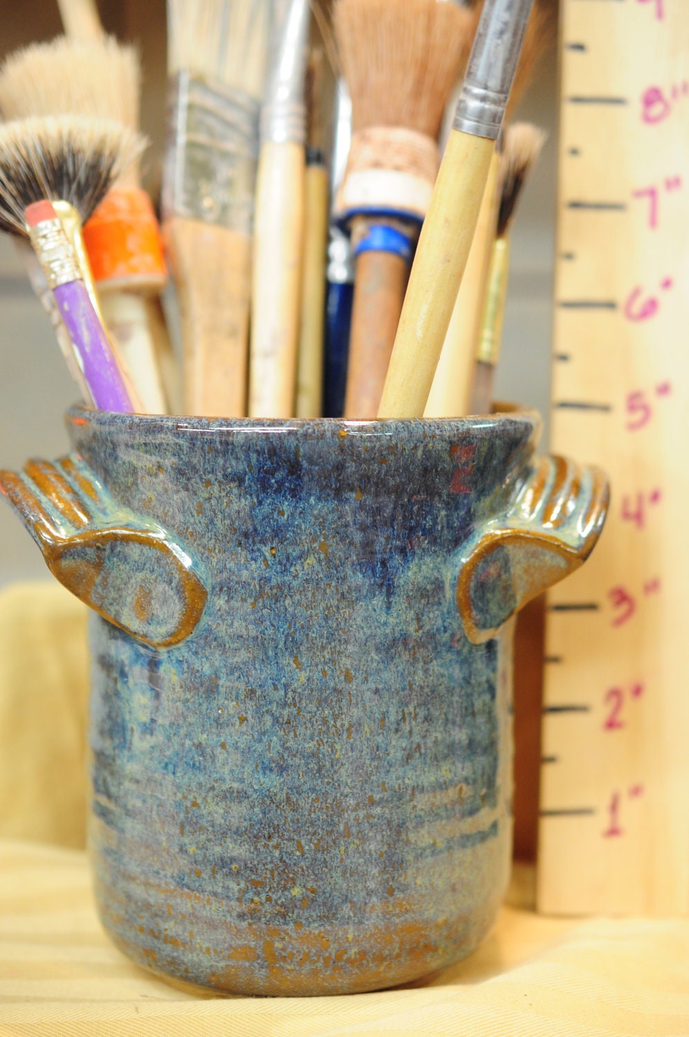 5" Tall Stoneware Pottery Utensil/Paintbrush Holder in Antique Iron High Fire Glaze.