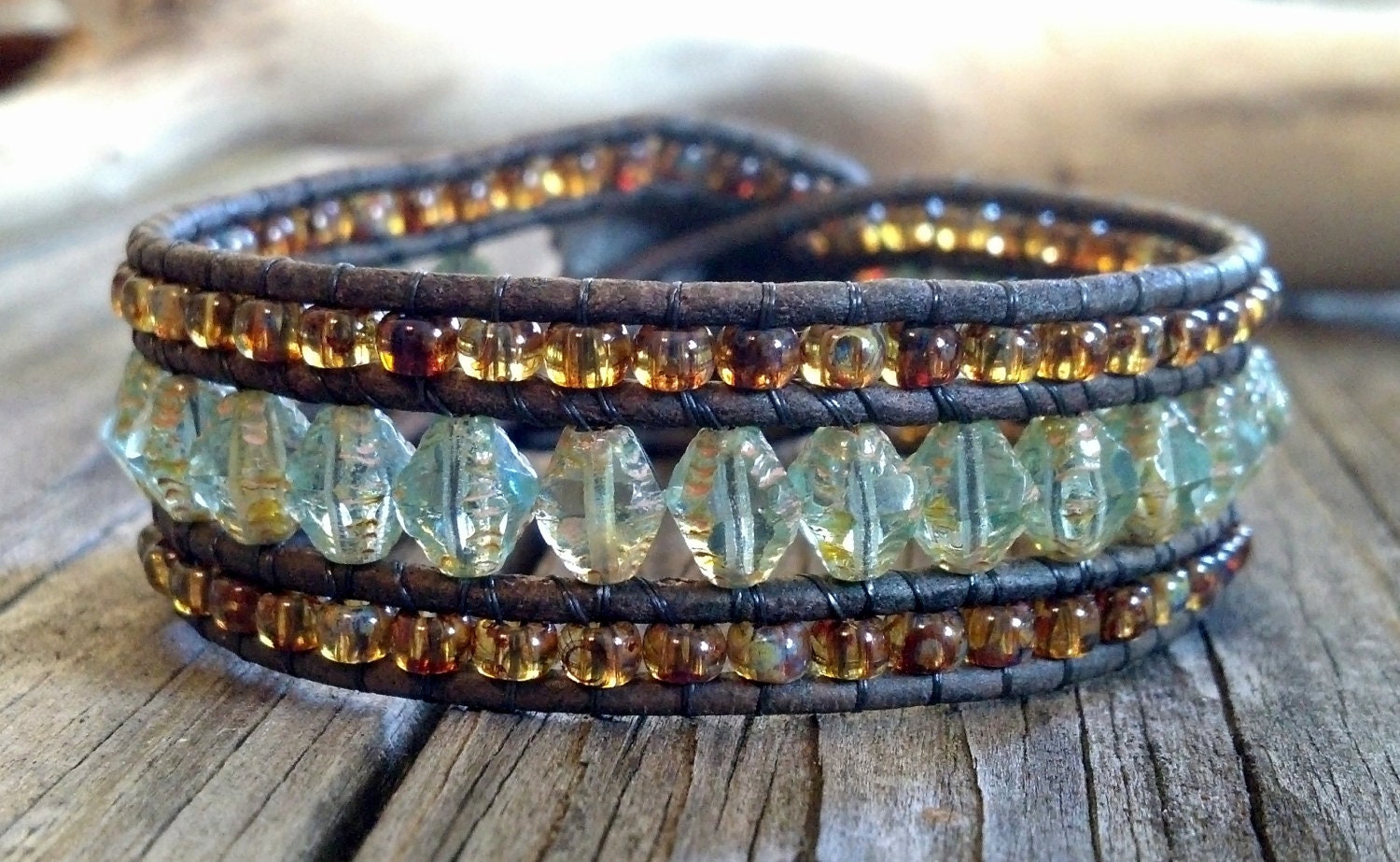 Leather wrap bracelet, Leather Cuff Bracelet, Beaded Cuff, Glam, Boho, Aqua Picasso