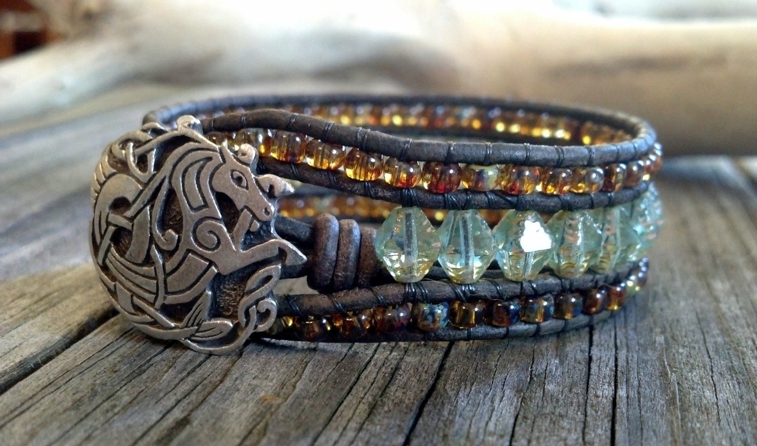 Leather wrap bracelet, Leather Cuff Bracelet, Beaded Cuff, Glam, Boho, Aqua Picasso