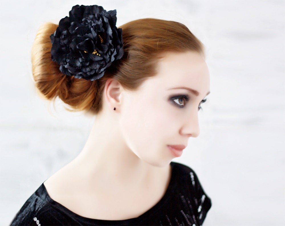 Black hair accessories, Black silk flower, Black Fascinator, Cocktail hair accessories, large flower, Headpiece, Peony, hair clip, Ohtteam