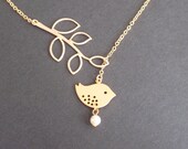Sale - Leaf Branch and Little Bird Gold necklace- Bridesmaid,Wife, Girlfriend, Mothers Gift Idea