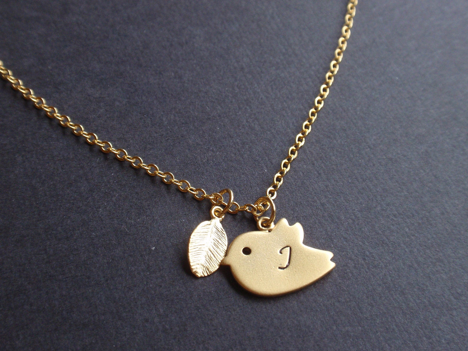 Personalized Initial Bird, Leaf Necklace - with 14k gold filled chain