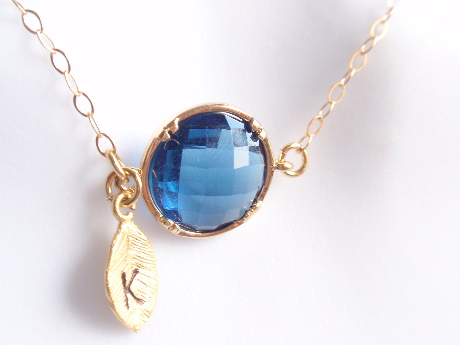 Personalized Initial Leaf, Royal blue bezel Necklace - with 14k gold filled chain