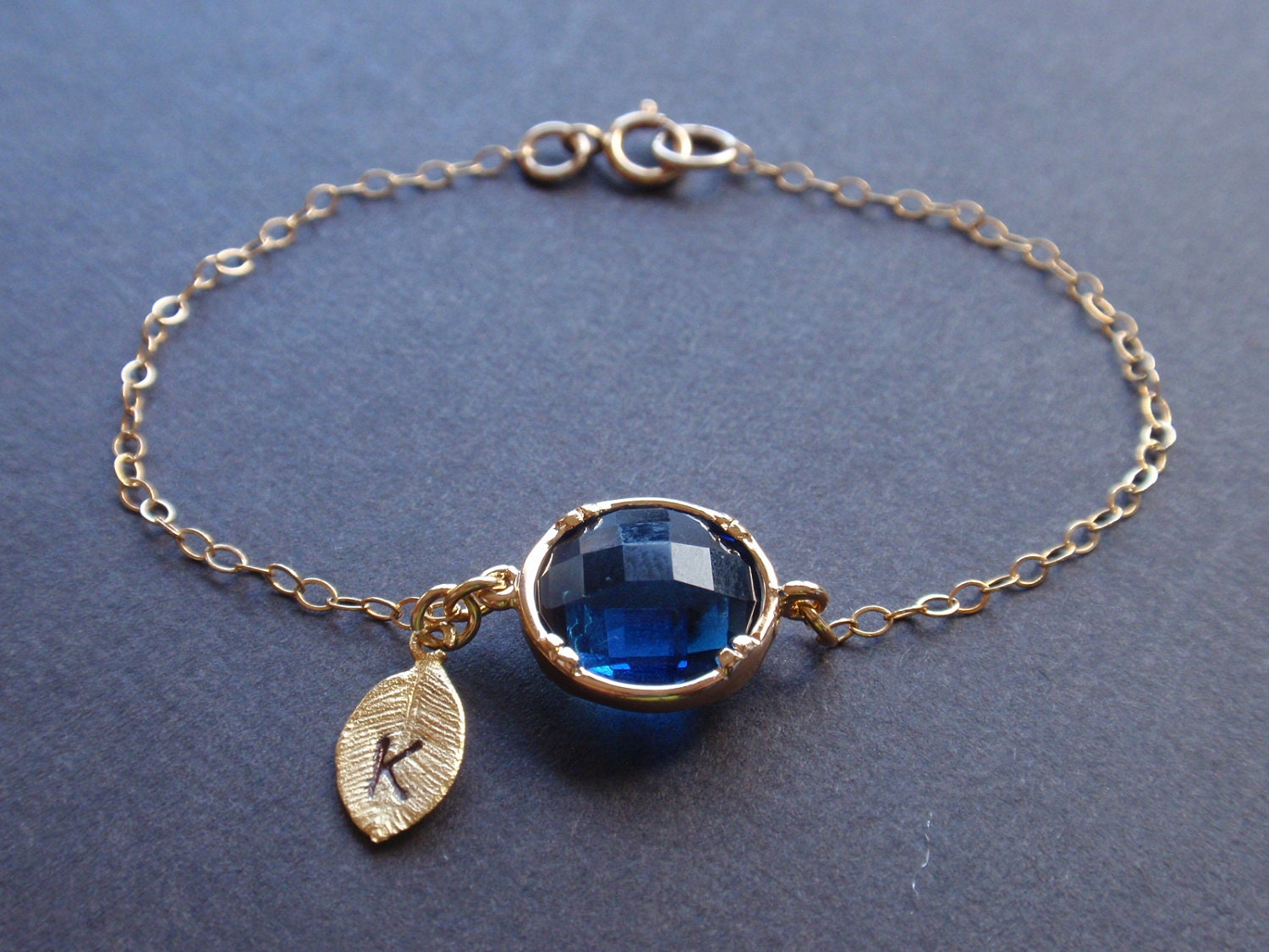 Personalized Initial Leaf, Royal blue bezel Bracelet - with 14k gold filled chain
