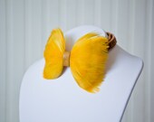 Mustard Yellow Feather Bow Tie with Gold Velvet Neck Strap