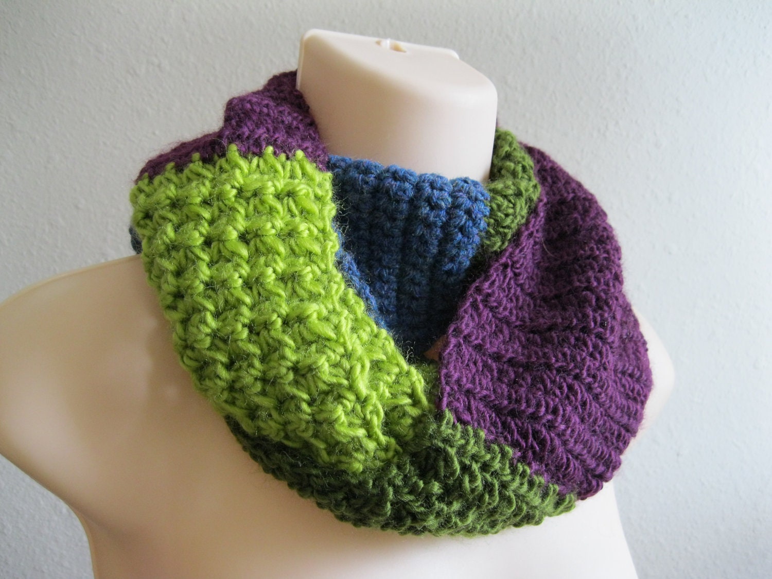 Crocheted Scarf Color Block Infinity Cowl Multicolor Lime Green Plum Moss Green Blue- Ready to Ship