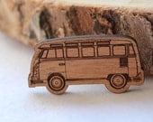 Wood laser cut brooch Cosy vintage Kombi natural wood finish