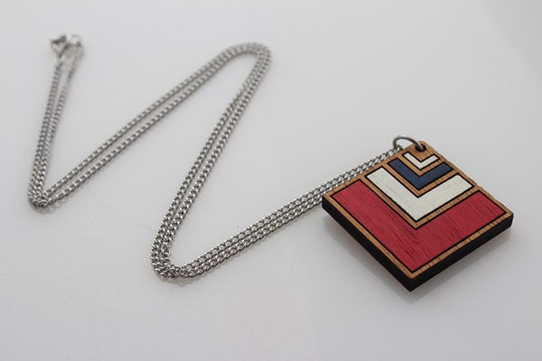 Wood laser cut pendant necklace - chevron, red, navy blue and white - diamond