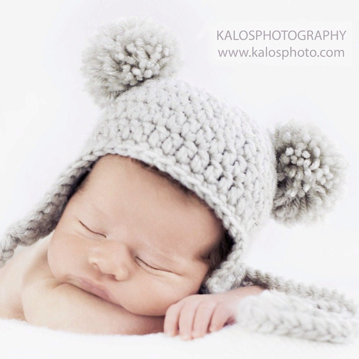 Baby Ear-flap Beanie with 2 Pom-Poms