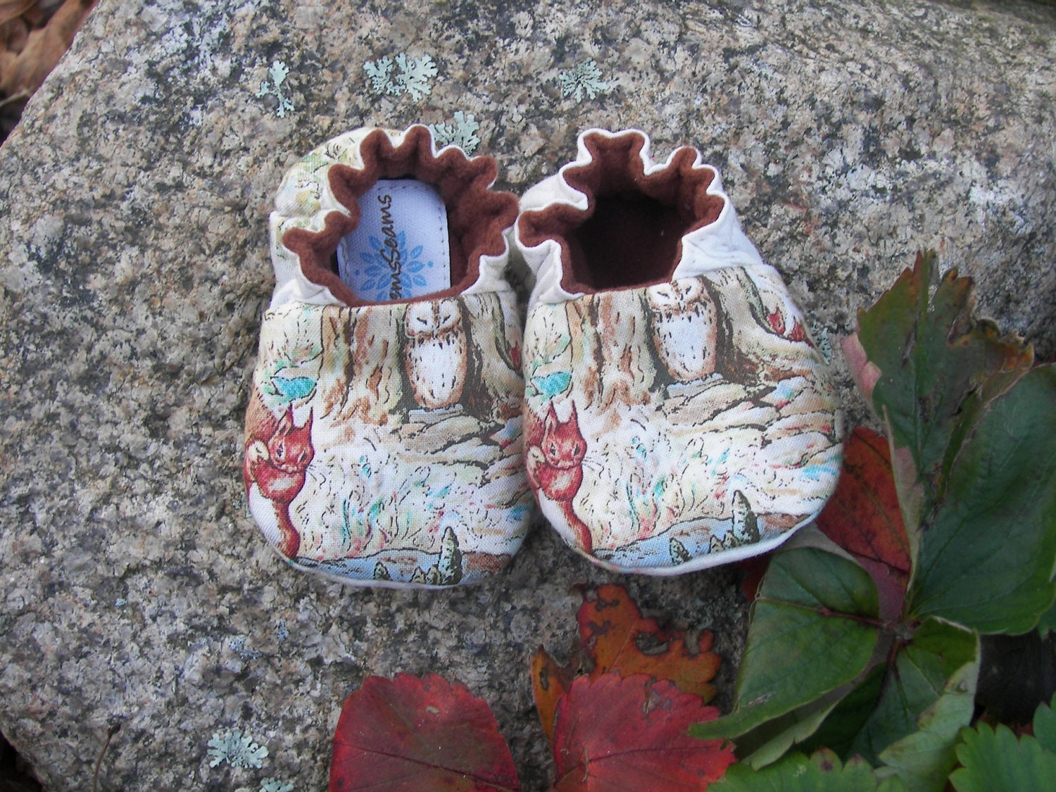 Squirrel Nutkin Baby Shoes--Beatrix Potter--woodland--forest--owl--tree--autumn--fall